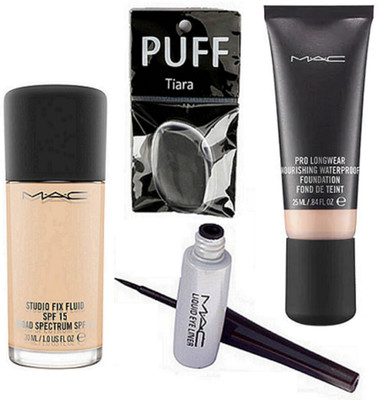

tiara Silicon Puff , Mac Studio Fix Flud Foundation , Pro Long Wear Foundation , Liquid Eyeliner(Set of 4)