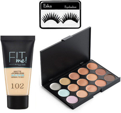

eska Eyelashes,Mac 15 Shade Concealer Palette with Maybelline Fit me Foundation(Set of 3)