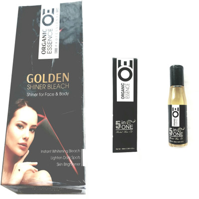 

Organic Essence Golden Shiner Bleach For Face and Body-450gm & 5 in 1 Herbal Hair Oil-100ml.(Set of 2)