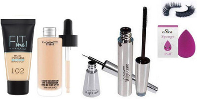 

eska Sponge Puff,Eyelashes,Mac Brooke Candy Eyeliner,Mascara & Maybelline Fit Me Foundation,Studio Waterweight Foundation(Set of 6)