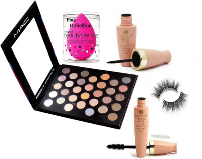 

Pink Rebellion Sponge Puff & Mac 32 Eye shadow Palette & Lakme 9 To 5 Eyeliner+Mascara(Set of 5)