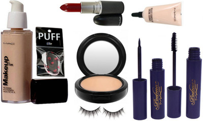 

ellie Silicon Puff, mac make up pro long wear foundation, select cover up concealer concealer, studio fix compact,mac lipstick,mac padma eyeliner, mac padma mascara, eyelashes(Set of 8)
