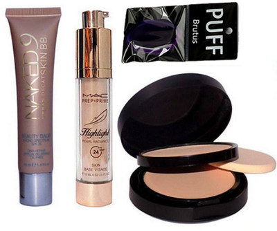 

BRUTUS Silicon Puff & Mac Compact & Cream Foundation Naked 9 Skin BB Beuty Balm, Prep+Prime Highlighter(Set of 4)