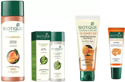 

BIOTIQUE BIO Apricot Refreshing Body Wash, Morning Nectar Flawless Skin Moisturizer, Honey Gel Face Wash , LIP BALM(Set of 4)