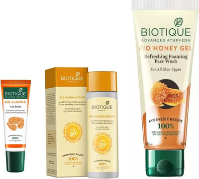 

BIOTIQUE BIO Sandalwood Ultra Soothing Face Lotion 50+ SPF UVA/UVB, Honey Gel Face Wash ,LIP BALM(Set of 3)