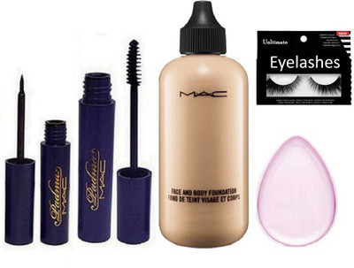 

Ultimate Eyelashe , Mac Padma Eyeliner & Mascara , Silicon Puff with Face & Body Foundation(Set of 5)