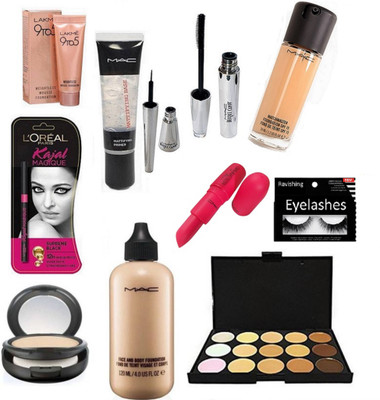 

ravishing Eyelashes, MAC water weight & face & body foundation & MATTIFYING PRIMER & 15 shades concealer palette & giambattista valli lipstick & compact & LOREAL kajal & LAKME 9 to 5 mousse cream & BROOKE CANDY eyeliner & mascara(Set of 11)