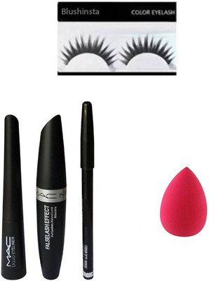 

blushinsta combo set of eyeliner eyelashes eyebrow pencil eyemascara sponge puff(Set of 5)