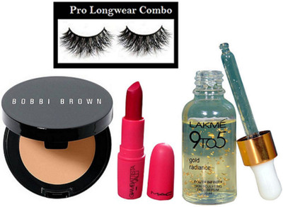 

pro longwear combo Eyelashes, Mac Giambattista Valli Matte Finish D For Danger lipstick, Bobbi Brown Corrector Shade Peach Concealer, 9to5 Face Serum(Set of 4)