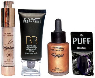 

BRUTUS Silicon Puff, Mac Mac Prep+Prime Highlighter, Prep+Prime BB BEauty Balm Cream Foundation, Skin Base Visage Highlight(Set of 4)