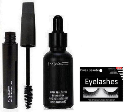

divas beauty Eyelashes , Mac Hyper Real Foundation with haute & Naughty Liquid Mascara(Set of 3)