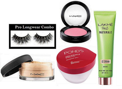 

pro longwear combo Eyelashes, Mac Loose Powder, Blusher, 9to5 Naturale Cc Cream Honey With Pure Aloe Vera, Ponds Age Miracle Wrinkle Corrector Cream(Set of 5)