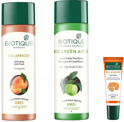 

BIOTIQUE BIO Apricot Refreshing Body Wash, Green Apple Fresh Daily Purifying Shampoo and Conditioner , lip balm(Set of 3)