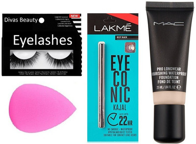 

divas beauty Eyelashes , Lakme Eyeconice Kajal & Pro Long wear Foundation with Sponge Puff(Set of 4)