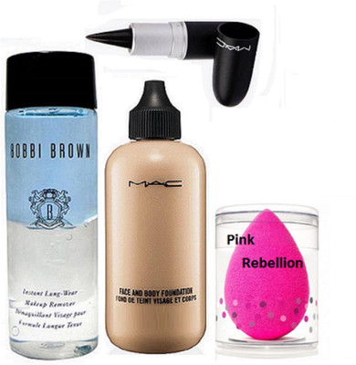 

Pink Rebellion Sponge Puff & Mac Face&Body Foundation & Stick Kajal & Bobbi Brown Makeup Remover(Set of 4)