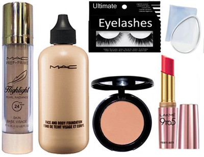 

Ultimate Eyelashes&Mac Prep+Prime Highlight &Face&Body Foundation&Bobi Brown Concealer &Silicon Puff&Lakme 9To5 Lipstick(Set of 6)