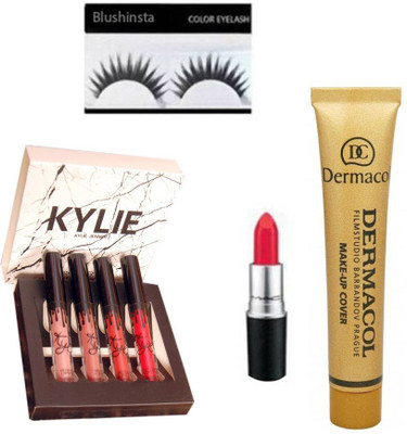 

blushinsta kylie liquid lipstick, mac red lipstick, dermacol, eyelashes(Set of 4)