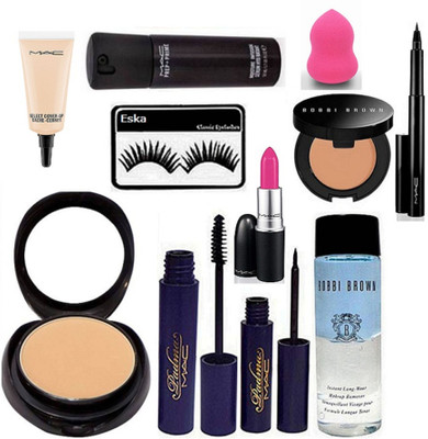 

Eska Eyelashes, Mac Compaact, Padma Mascara,Eyeliner,Candy Yum-yum Lipstick, Select Cover-up, Face Serum,Pen Liner & Bobbi brown Liquid Makeup Remover, Concealer, Sponge Puff(Set of 12)