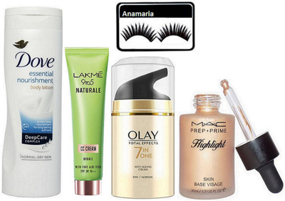 

anamaria Eyelashes & Dove Essential Nourishment Body Lotion & Lakme 9 to 5 Naturale CC Cream & Olay Anti Ageing Day Cream & Mac Prep+Prime Highlight(Set of 5)