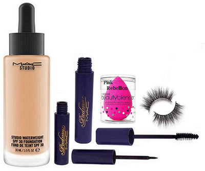 

Pink Rebellion Sponge Puff & Mac Studio Water weight Foundation & Padma Eyelliner+Mascara With Eyelashes(Set of 5)