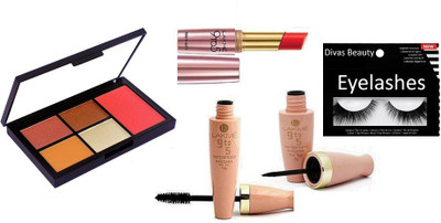 

divas beauty Eyelashes ,Lakme 9 to 5 Waterproof Eyeliner & Mascara , Red Lipstick with Narsh 4 Eyeshadow , 1 Blusher Pallete(Set of 5)