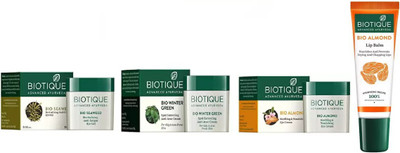 

BIOTIQUE BIO ALMOND SOOTHING & NOURISHING EYE CREAM, SEA WD REVITALIZING ANTI-FATIGUE EYE GEL, WINTER GREEN SPOT CORRECTING ANTI-ACNE CREAM, lip balm(Set of 4)