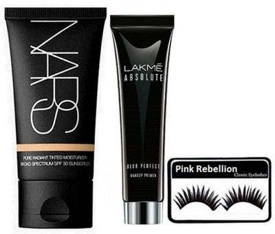 

Pink Rebellion Eyelashes & Lakme Absolute Blur Perfect Makeup Primer & Nars pure Radiant Moisture Foundation(Set of 3)