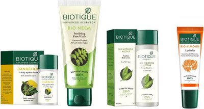 

BIOTIQUE BIO Dandelion Ageless Lightening Serum, 1 Neem Purifying Face Wash, 1 Morning Nectar Flawless Skin Moisturizer, LIP BALM(Set of 4)