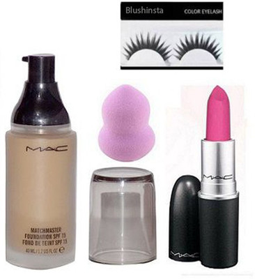 

blushinsta combo kit of foundation lipstick eyelashes puff(Set of 4)