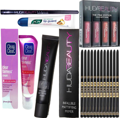 

Clean & Clear Fairness Cream With Lip Guard & Waterproof Eyeliner , Primer 35 ml , Mini Matte Lipstick 4 piece Of Huda , 12 Waterproof ADS Eyeliner(Set of 1)
