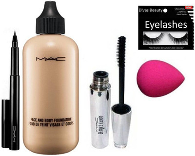 

divas beauty Eyelashes , Mac Brooke Candy Mascara , Pen Eyeliner , Face & Body Foundation with Sponge Puff(Set of 4)