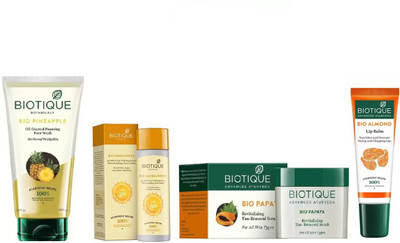 

BIOTIQUE BIO Sandalwood Ultra Soothing Face Lotion 50+ SPF UVA/UVB, Pineapple Oil Control Foaming Face Wash, Papaya Revitalizing Tan-Removal Scrub, lip balm(Set of 4)