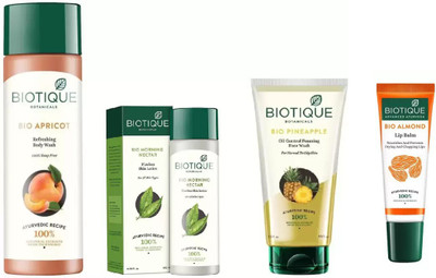 

BIOTIQUE BIO Pineapple Oil Control Foaming Face Wash, Morning Nectar Flawless Skin Moisturizer, Apricot Refreshing Body Wash, LIP BALM(Set of 4)