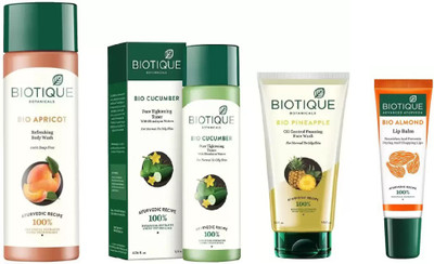 

BIOTIQUE BIO Apricot Refreshing Body Wash, Cucumber Pore Tightening Toner, Pineapple Oil Control Foaming Face Wash , LIP BALM(Set of 4)
