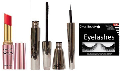 

divas beauty Eyelashes ,Brooke Candy Eyeliner & Mascara with Lakme 9 to 5 Red Lipstick(Set of 4)