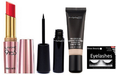 

divas beauty Eyelashes , Liquid Last Eyeliner ,Mac Pro Longwear Foundation with Lakme 9 to 5 Red Lipstick(Set of 4)