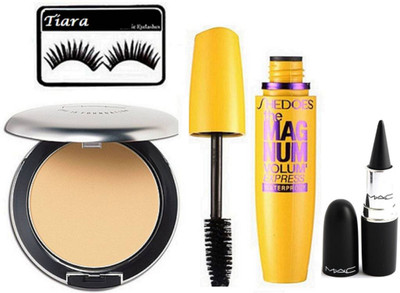 

tiara Eyelashes,Mac Studio Perfect Compact,Maybelliene New York The Magnum Mascara, Stick kajal(Set of 4)