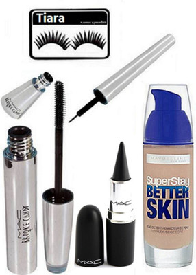 

tiara Eyelashes , Mac Brook Candy Eyeliner And Mascara ,Maybelliene New york Foundation,Stick kajal(Set of 5)