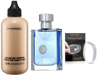 

Ultimate Silicon Puff & Mac Face And Body Foundation & Versace pour Homme Perfume(Set of 3)
