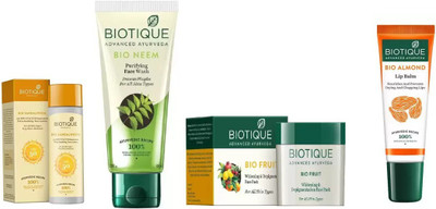 

BIOTIQUE BIO Sandalwood Ultra Soothing Face Lotion 50+ SPF UVA/UVB, Fruit Whitening & Depigmentation Face Pack, Neem Purifying Face Wash, LIP BALM(Set of 4)