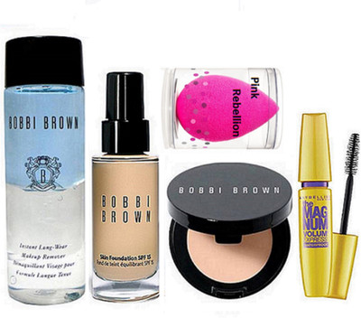 

Pink Rebellion Sponge Puff & Bobbi Brown Makeup Remover & Corrector Concealer & Skin Foundation & Maybelline The Magnum Volume Mascara(Set of 5)