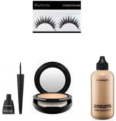 

blushinsta combo set of eyelashes eyeliner compact powder face and body foundation(Set of 4)