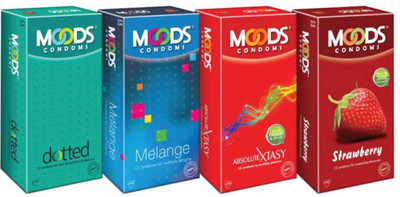 Moods xtasy melange strawberry and dotted pack of( 4, 48S) Condom(Set of 4, 12S)