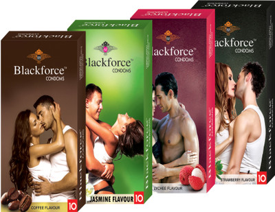 

BLACKFORCE COFFEE,JASMINE,LYCHEE AND STRAWBERRY 40 PCS IN 4 PACK (COMBO) EXTRA DOTTED Condom(Set of 4, 40S)