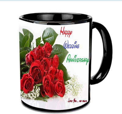 

Raj Laxmi Happy Wedding Anniversary With Unique Design Multicolor Ceramic Mug(350 ml), Black