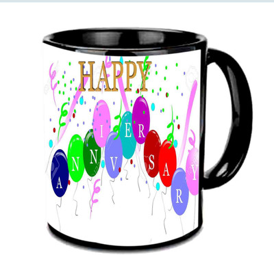

Raj Laxmi Anniversary Wishes With Beautiful Balloons Design Multicolor Ceramic Mug(350 ml), Black