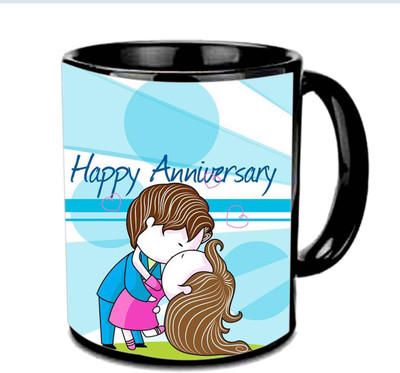 

Raj Laxmi Kissing Couple Happy Anniversary Multicolor Ceramic Mug(350 ml), Black