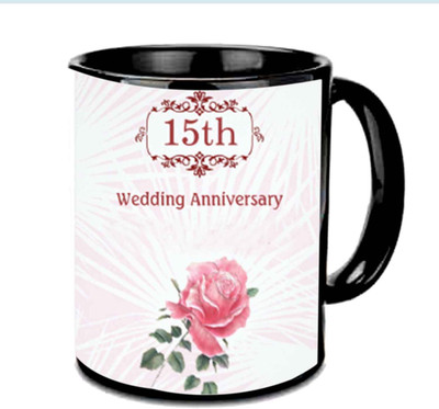 

Raj Laxmi Happy 15th Wedding Anniversary Multicolor Ceramic Mug(350 ml), Black