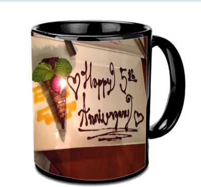 

Raj Laxmi Happy 5th Wedding Anniversary Multicolor Ceramic Mug(350 ml), Black