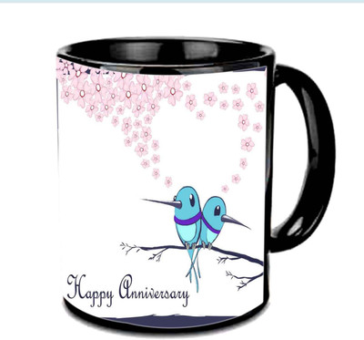 

Raj Laxmi Happy Anniversary Love Birds Multicolor Ceramic Mug(350 ml), Black